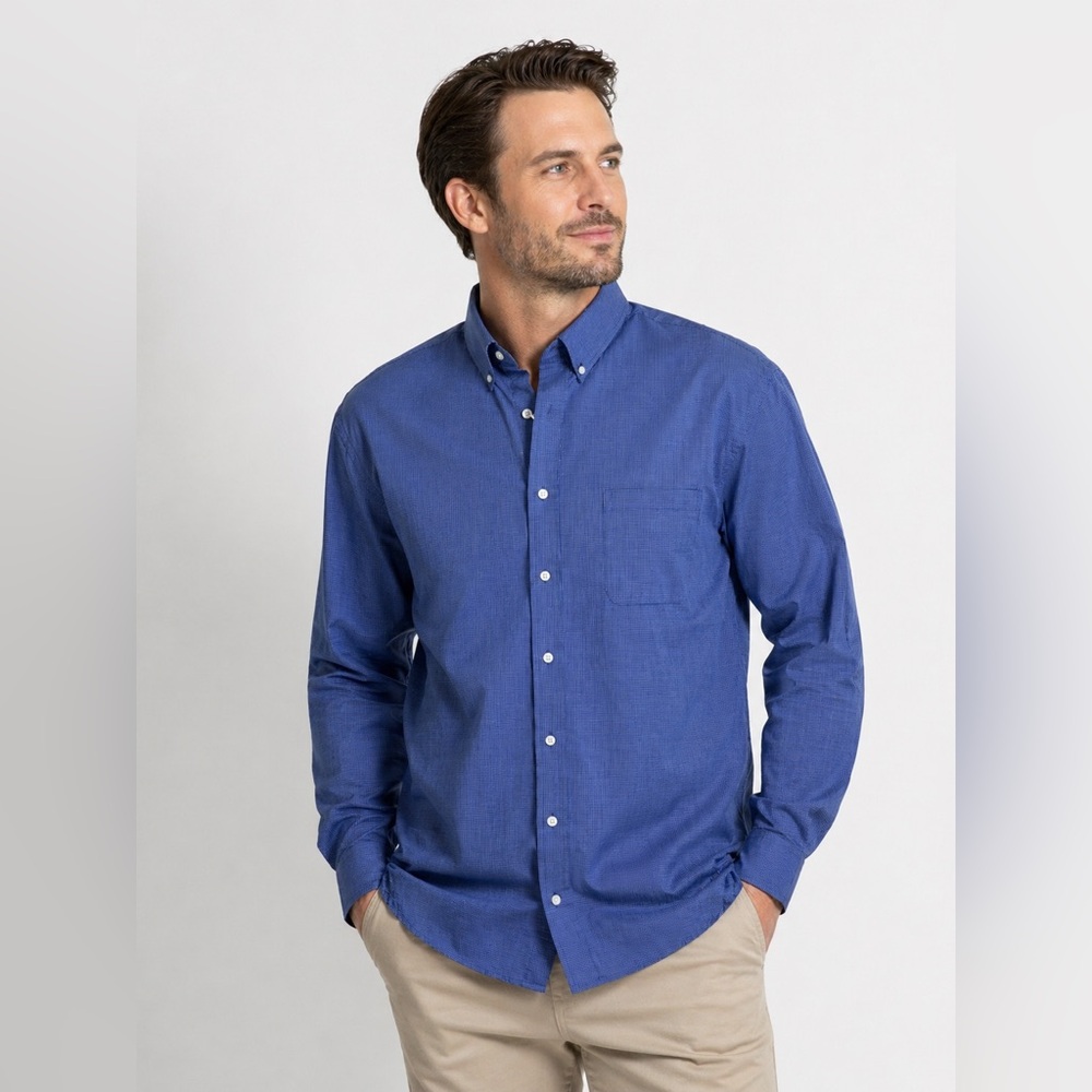 Roundtree & Yorke Shirt Mens 3XB Blue Check Button Down Long Sleeve Cotton